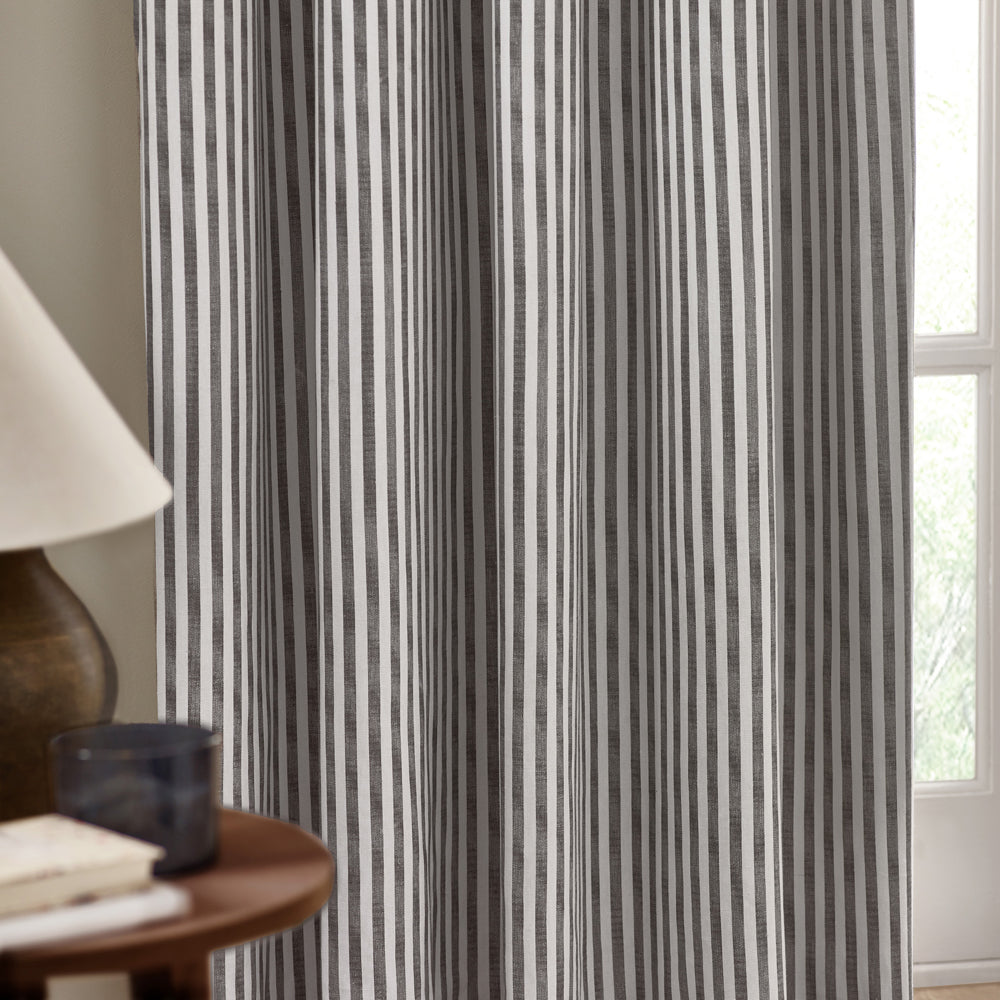 Striped Grey Curtains - Hebden Striped 100% Cotton Lined Eyelet Curtains Grey Yard