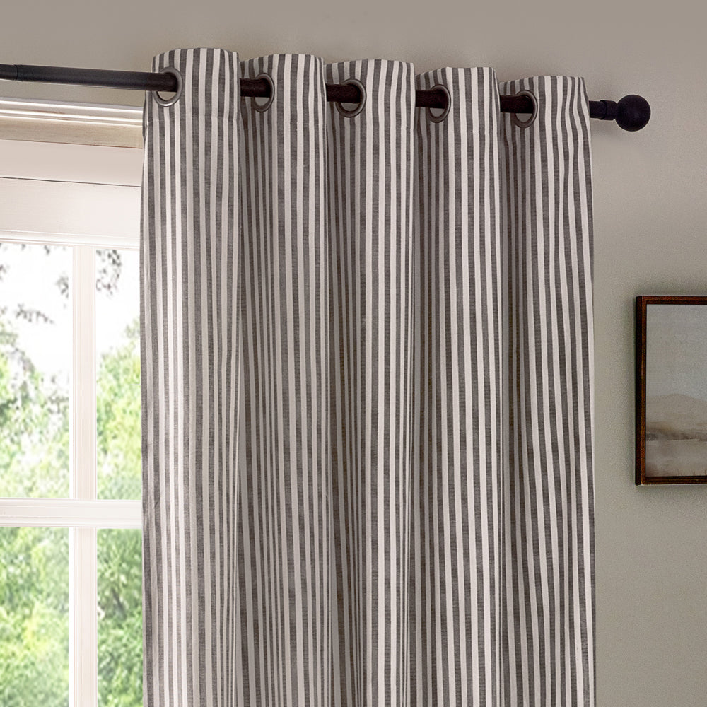 Striped Grey Curtains - Hebden Striped 100% Cotton Lined Eyelet Curtains Grey Yard