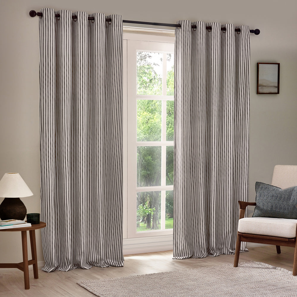 Striped Grey Curtains - Hebden Striped 100% Cotton Lined Eyelet Curtains Grey Yard