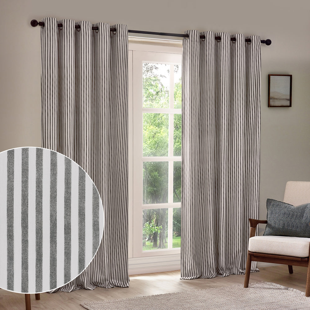 Striped Grey Curtains - Hebden Striped 100% Cotton Lined Eyelet Curtains Grey Yard