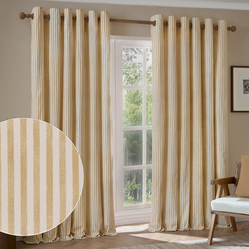 Striped Yellow Curtains - Hebden Striped 100% Cotton Lined Eyelet Curtains Honey Yellow Yard