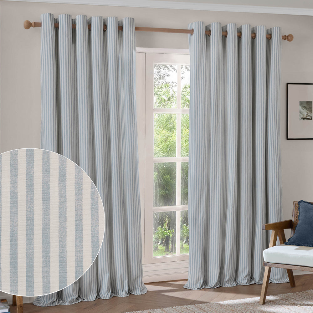 Striped Blue Curtains - Hebden Striped 100% Cotton Lined Eyelet Curtains Mineral Blue Yard