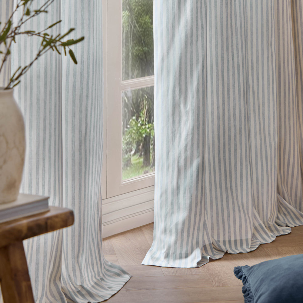 Striped Blue Curtains - Hebden Striped 100% Cotton Lined Eyelet Curtains Mineral Blue Yard