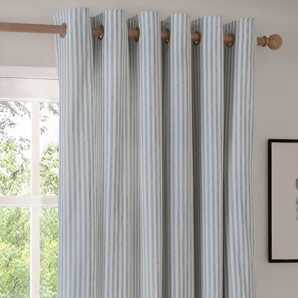 Striped Blue Curtains - Hebden Striped 100% Cotton Lined Eyelet Curtains Mineral Blue Yard