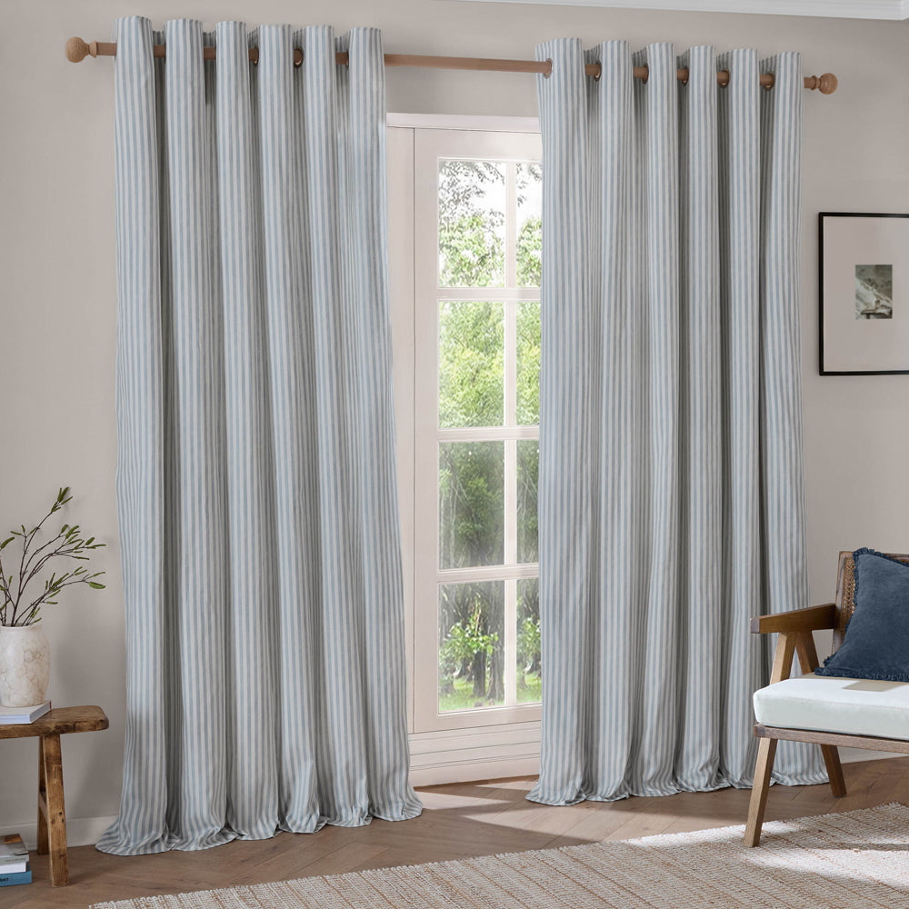 Striped Blue Curtains - Hebden Striped 100% Cotton Lined Eyelet Curtains Mineral Blue Yard