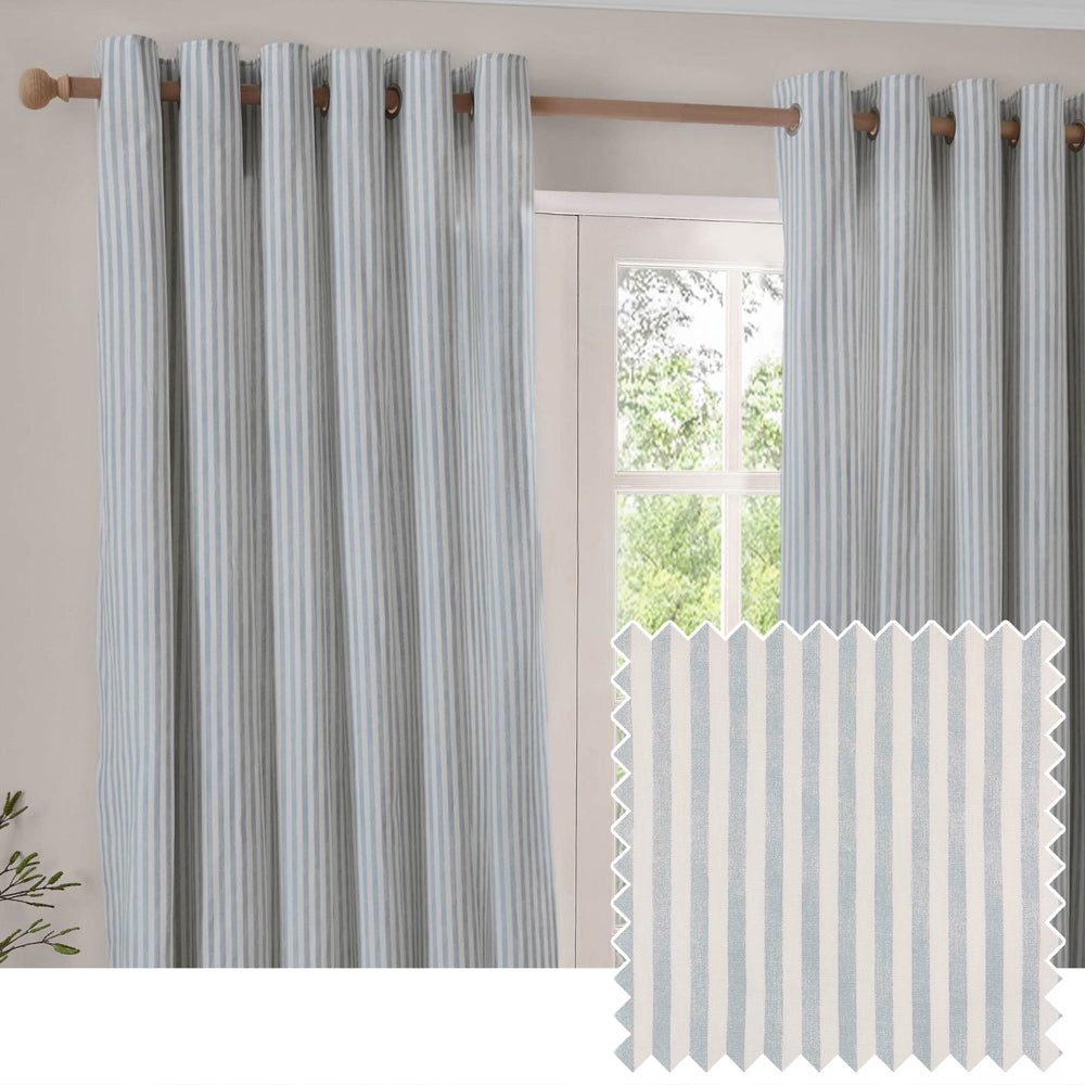 Striped Blue Curtains - Hebden Striped 100% Cotton Lined Eyelet Curtains Mineral Blue Yard