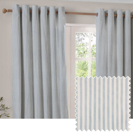 Striped Blue Curtains - Hebden Striped 100% Cotton Lined Eyelet Curtains Mineral Blue Yard