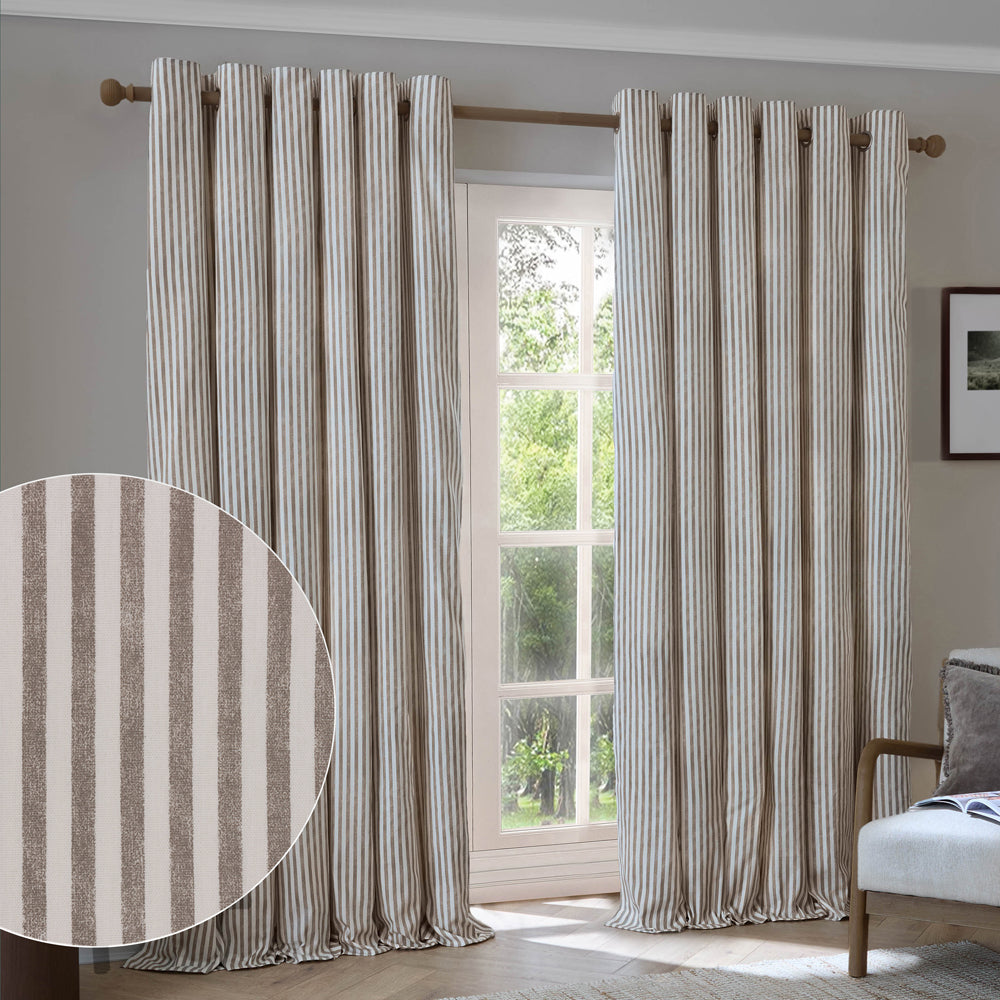 Striped Brown Curtains - Hebden Striped 100% Cotton Lined Eyelet Curtains Mole Yard