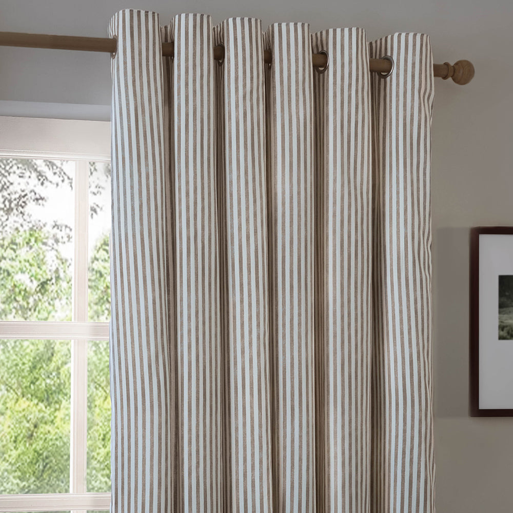 Striped Brown Curtains - Hebden Striped 100% Cotton Lined Eyelet Curtains Mole Yard