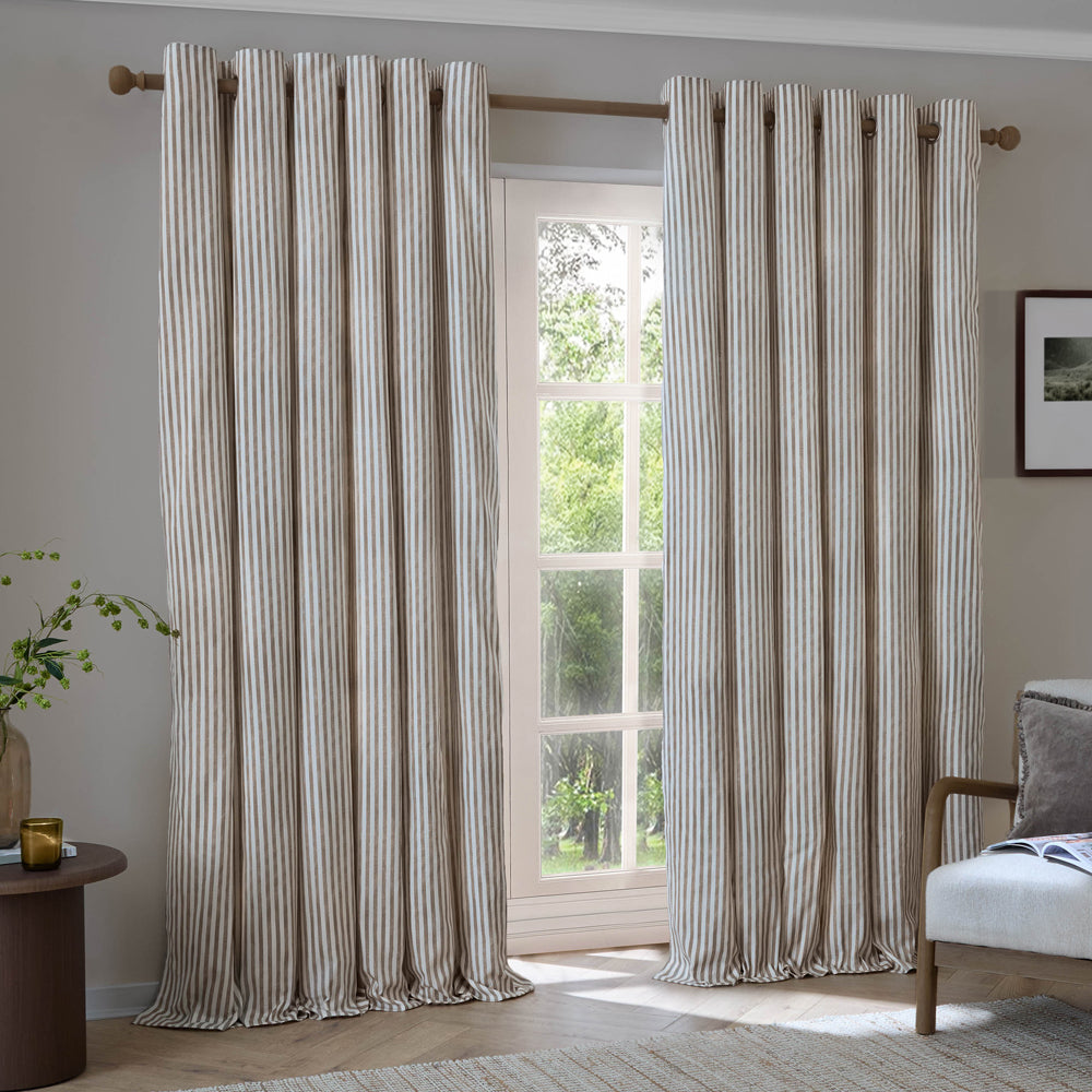 Striped Brown Curtains - Hebden Striped 100% Cotton Lined Eyelet Curtains Mole Yard