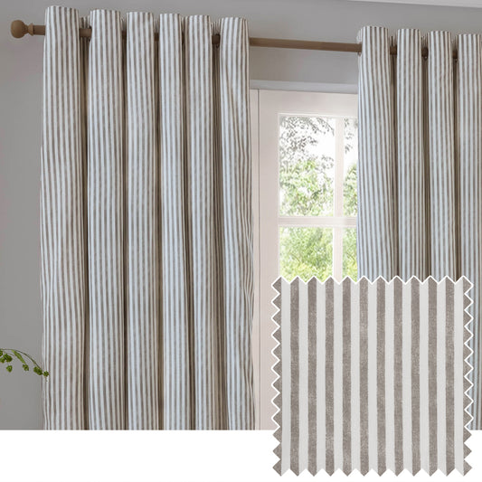 Striped Brown Curtains - Hebden Striped 100% Cotton Lined Eyelet Curtains Mole Yard