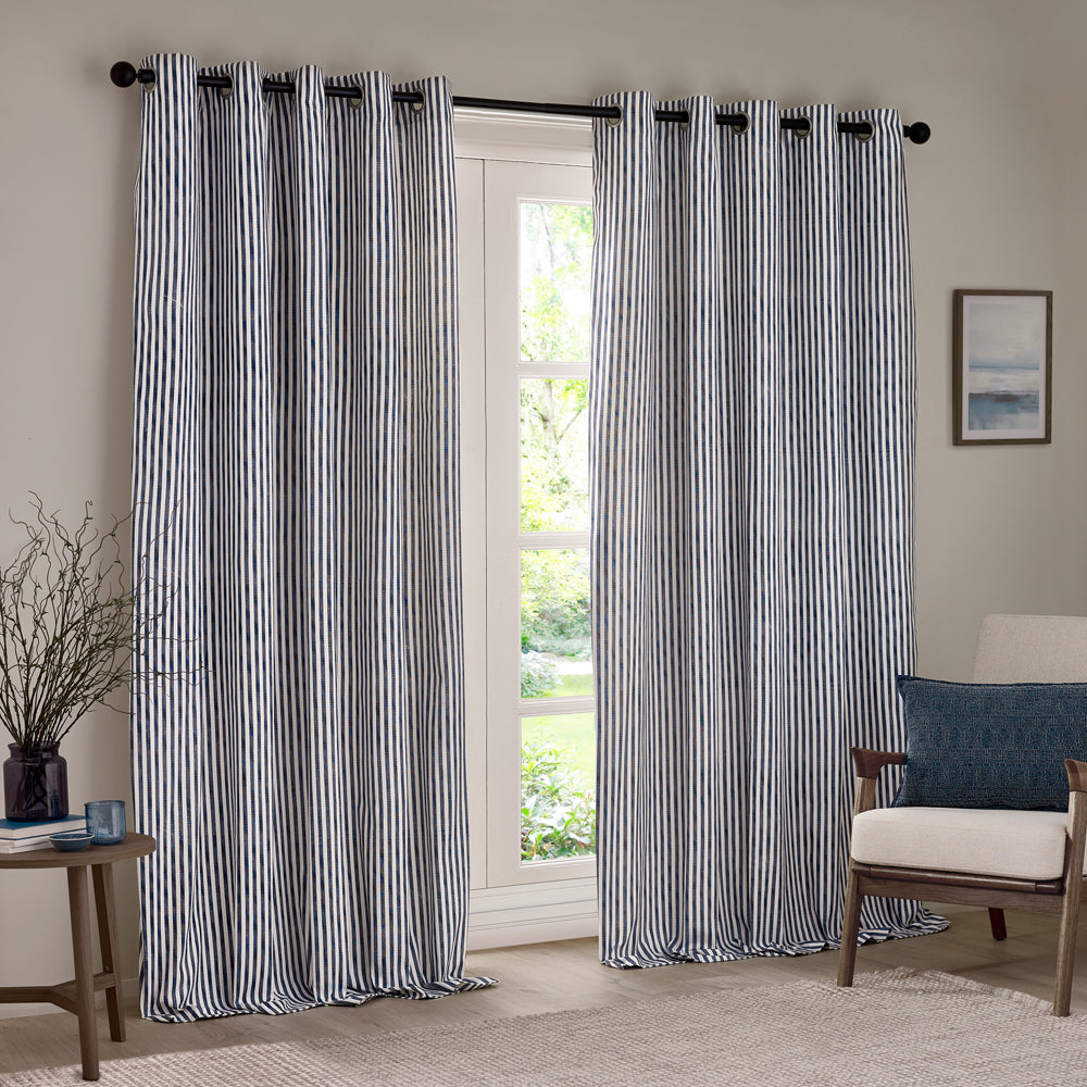 Striped Blue Curtains - Hebden Striped 100% Cotton Lined Eyelet Curtains Navy Yard