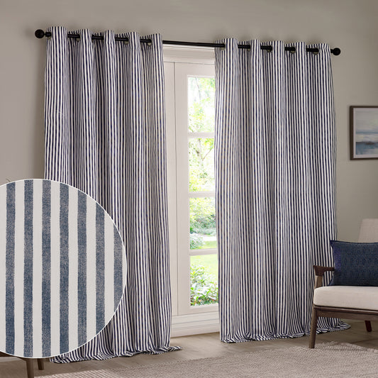 Striped Blue Curtains - Hebden Striped 100% Cotton Lined Eyelet Curtains Navy Yard