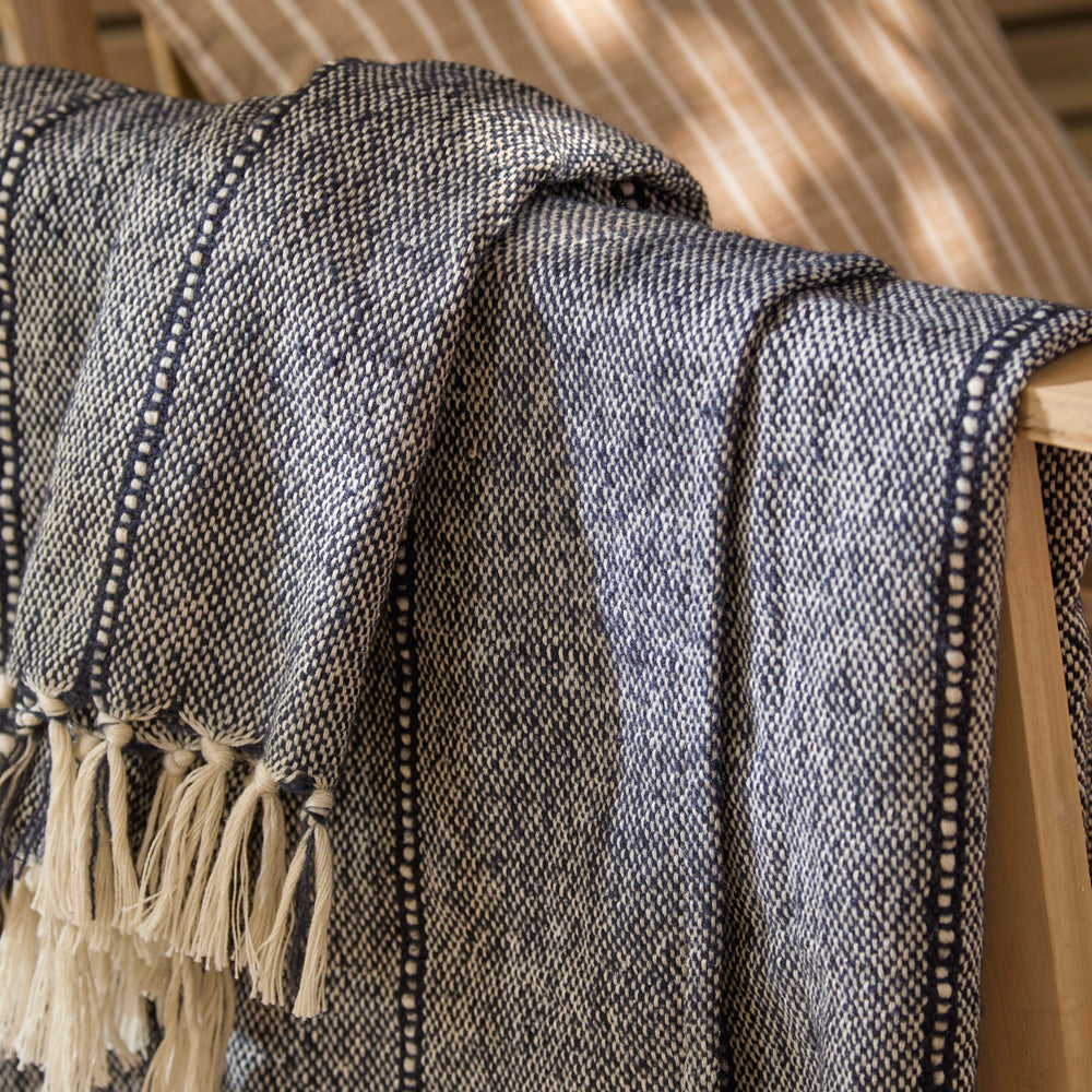 Striped Blue Throws - Hedon Woven Indoor/Outdoor  Throw Navy Yard