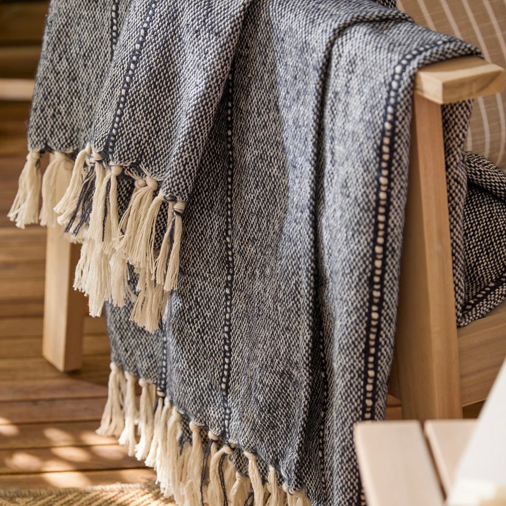 Striped Blue Throws - Hedon Woven Indoor/Outdoor  Throw Navy Yard