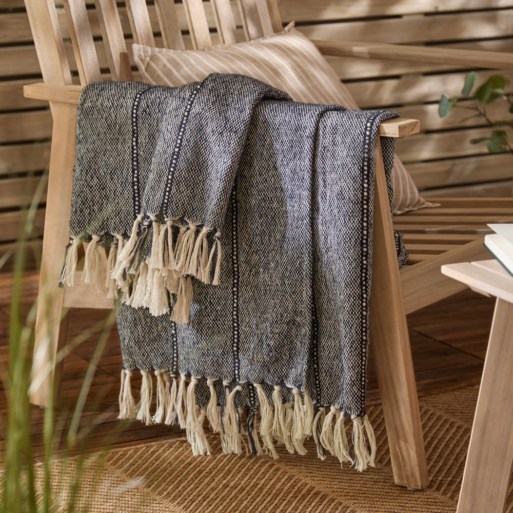 Striped Blue Throws - Hedon Woven Indoor/Outdoor  Throw Navy Yard
