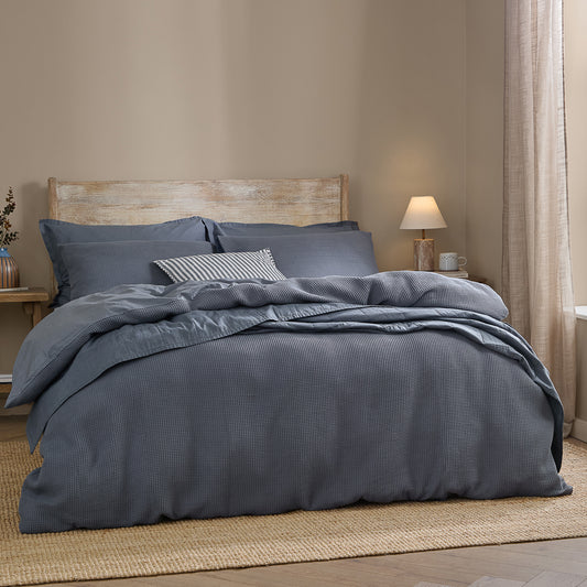 Plain Blue Bedding - Hebden Relaxed Waffle Duvet Cover Set Denim Blue Yard