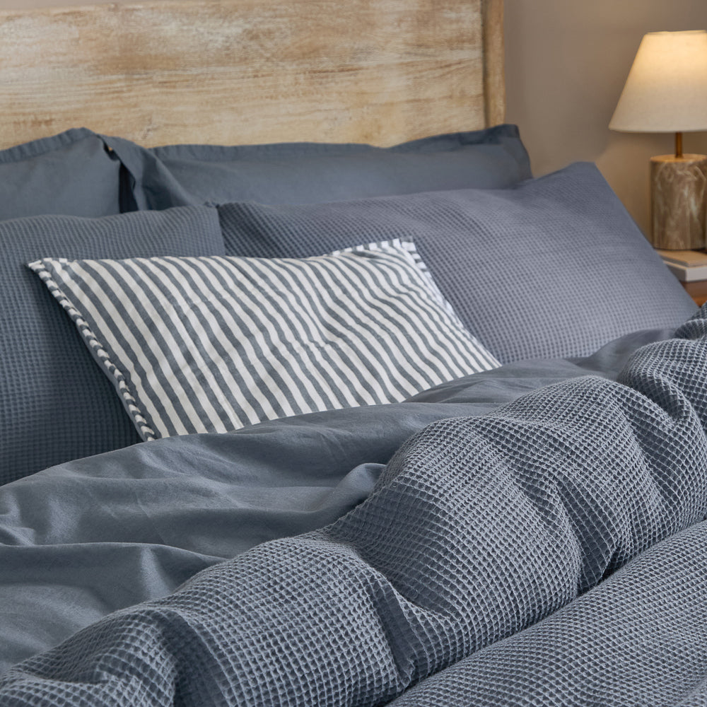 Plain Blue Bedding - Hebden Relaxed Waffle Duvet Cover Set Denim Blue Yard