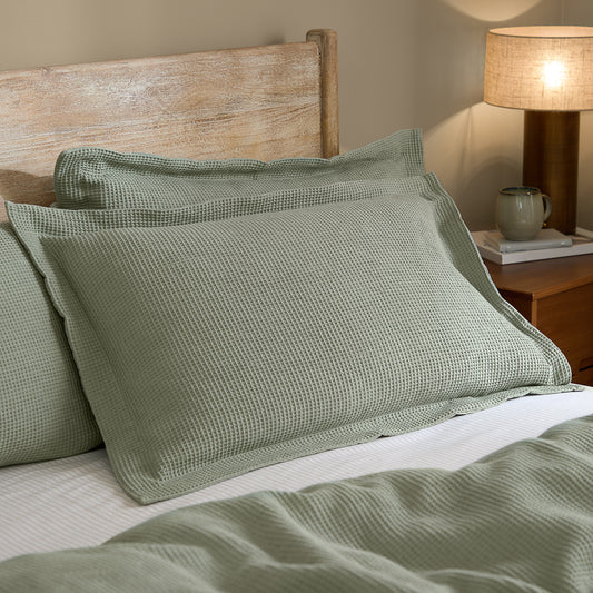 Plain Green Bedding - Hebden Relaxed Waffle Pillowcase Pair Bay Green Yard