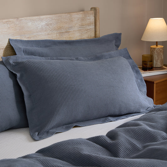 Plain Blue Bedding - Hebden Relaxed Waffle Pillowcase Pair Denim Blue Yard