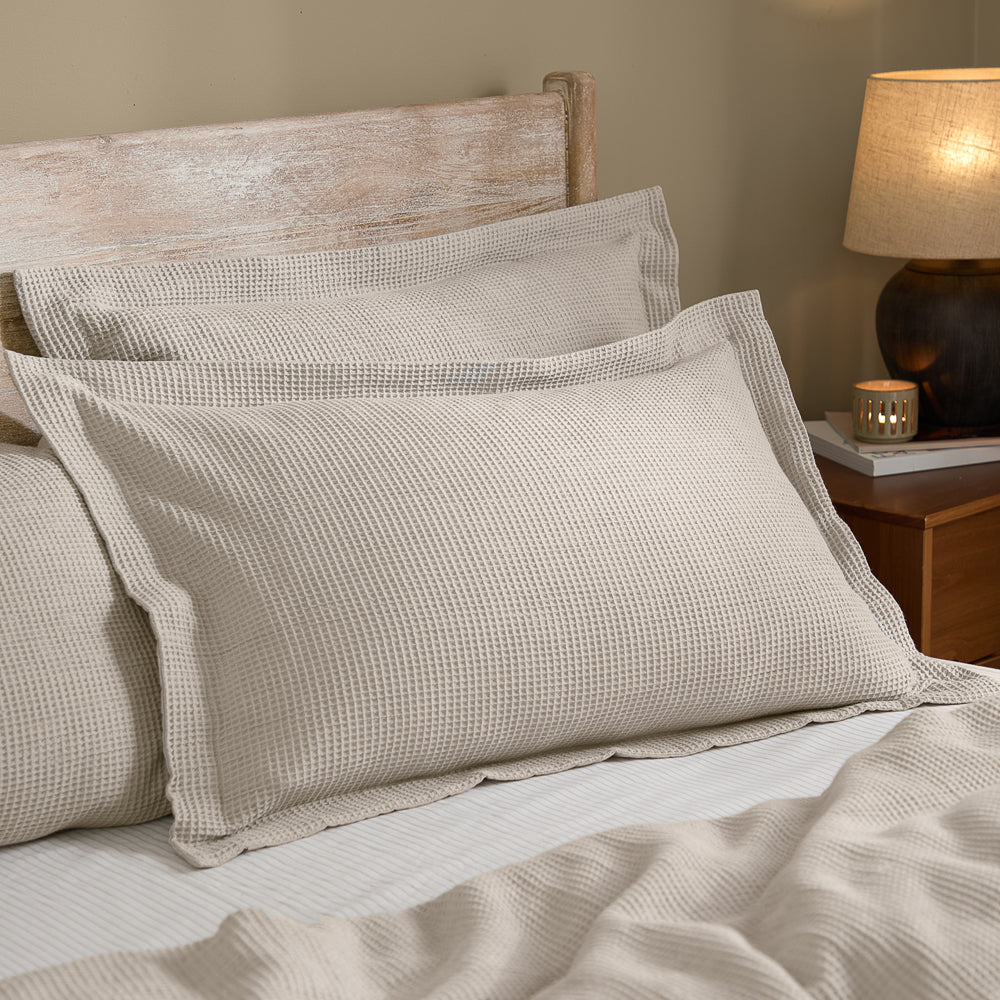 Plain Beige Bedding - Hebden Relaxed Waffle Pillowcase Pair Stone Yard