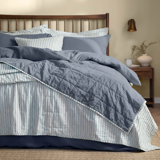 Striped Blue Bedding - Hebden Quilted Stripe 100% Cotton Bedspread Mineral/Demin Blue Yard