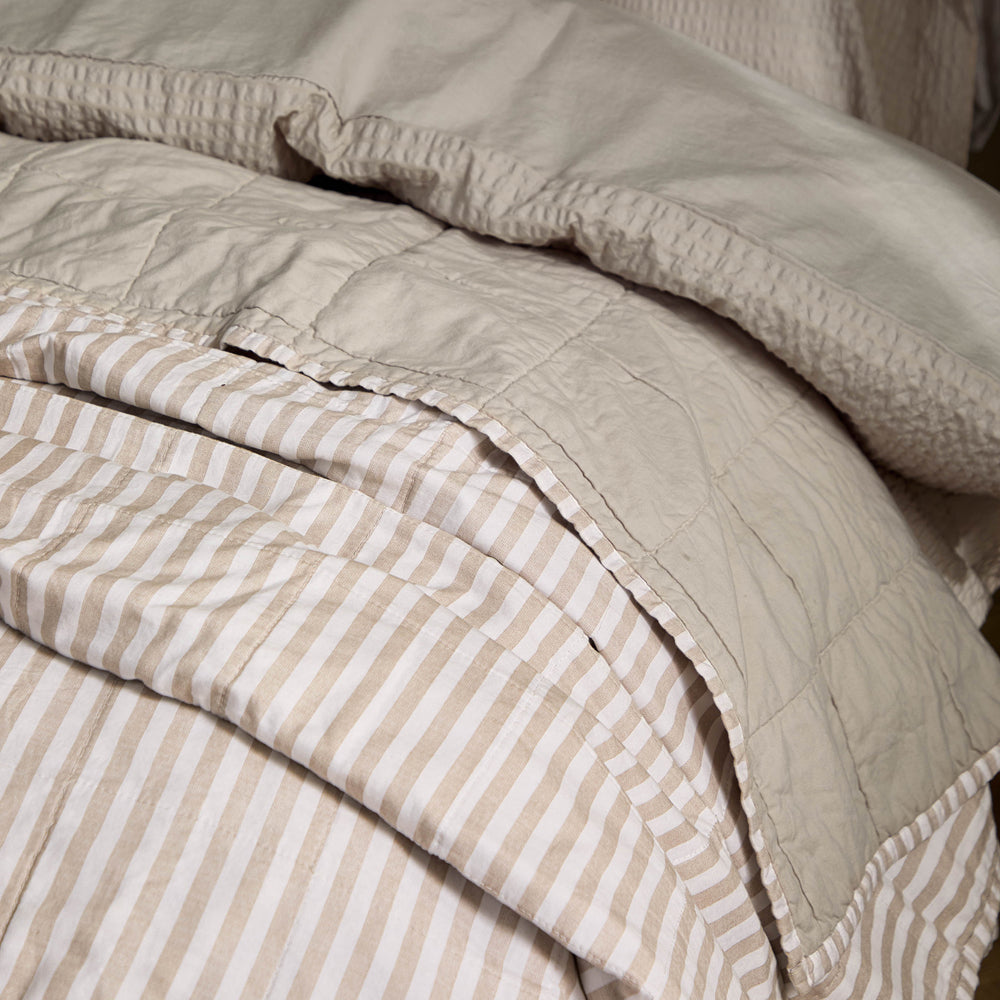 Striped Beige Bedding - Hebden Quilted Stripe 100% Cotton Bedspread Natural/Stone Yard