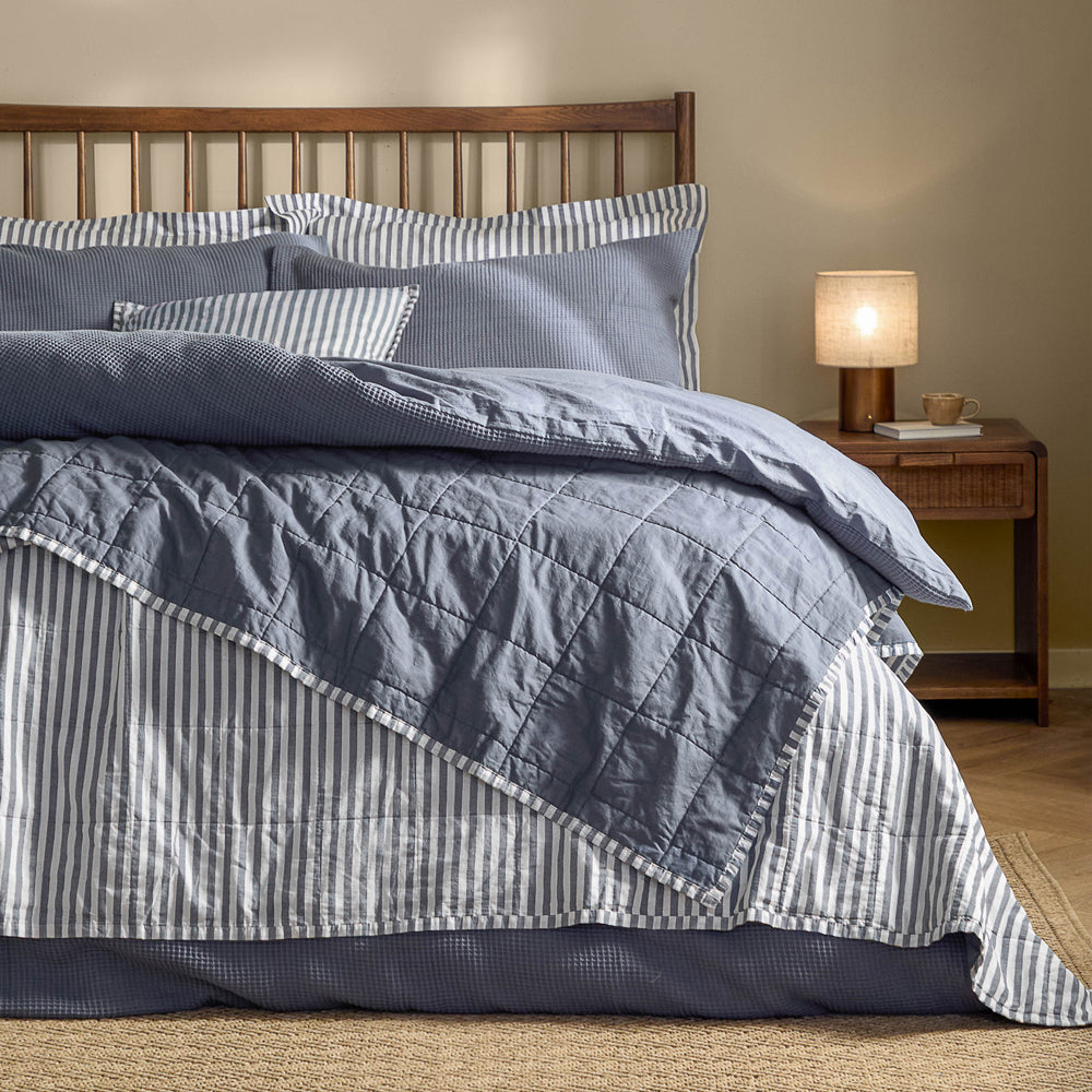 Striped Blue Bedding - Hebden Quilted Stripe 100% Cotton Bedspread Navy/Denim Blue Yard