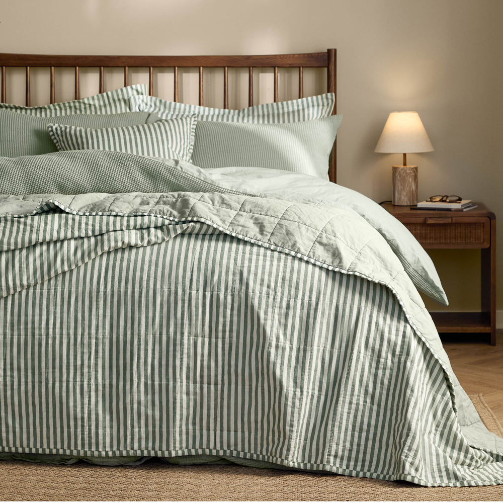 Striped Green Bedding - Hebden Quilted Stripe 100% Cotton Bedspread Forest/Bay Green Yard