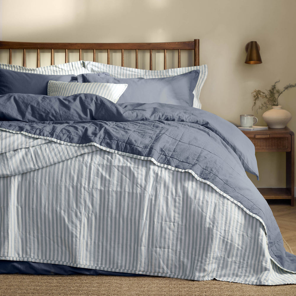 Striped Blue Bedding - Hebden Quilted Stripe 100% Cotton Bedspread Mineral/Demin Blue Yard