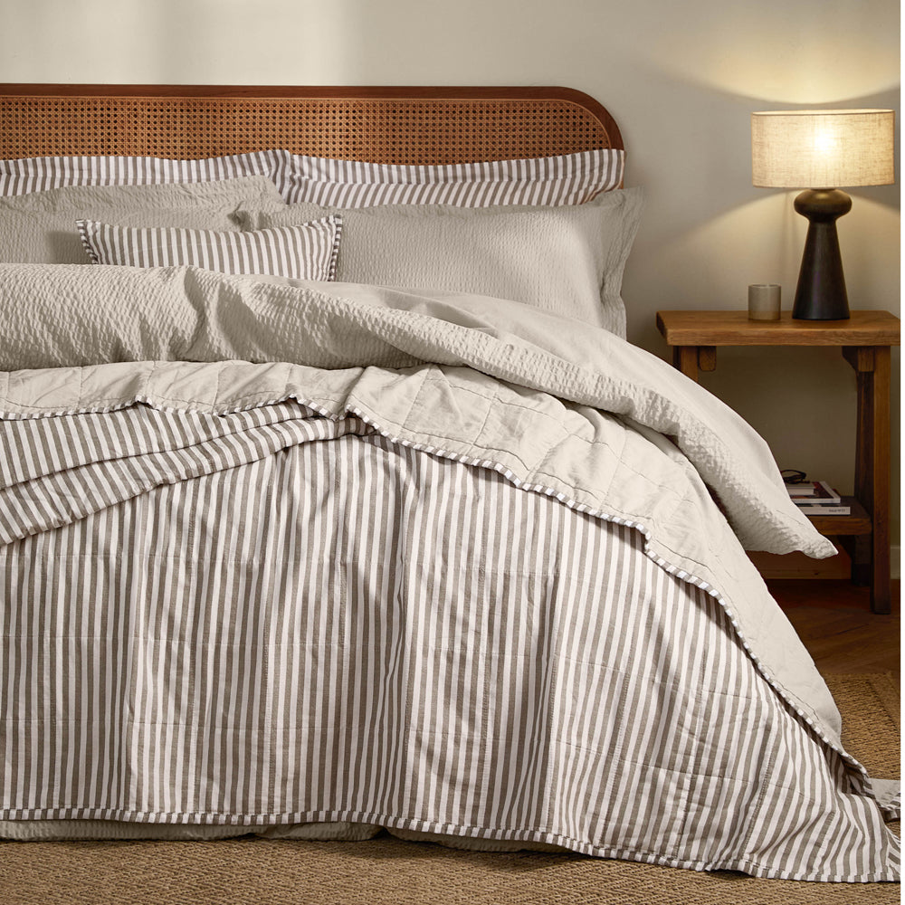 Striped Brown Bedding - Hebden Quilted Stripe 100% Cotton Bedspread Mole/Stone Yard