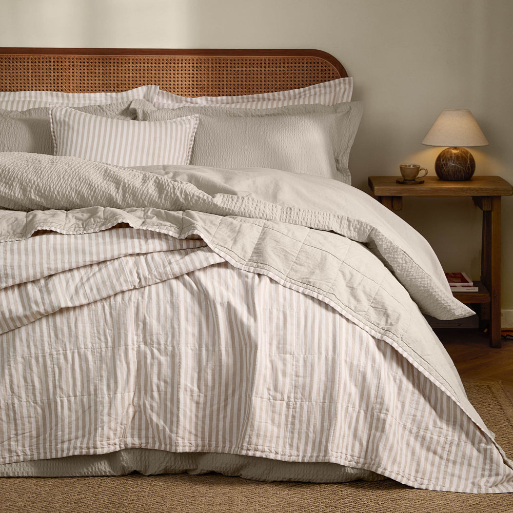 Striped Beige Bedding - Hebden Quilted Stripe 100% Cotton Bedspread Natural/Stone Yard
