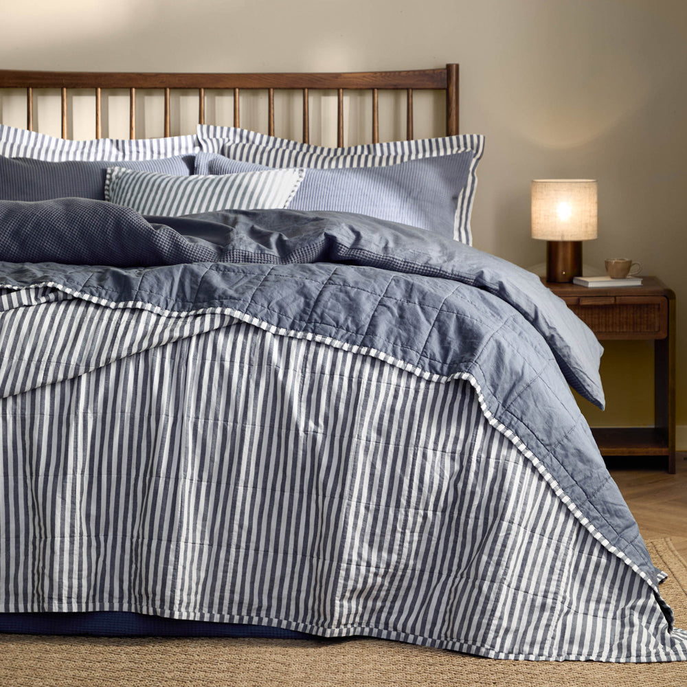 Striped Blue Bedding - Hebden Quilted Stripe 100% Cotton Bedspread Navy/Denim Blue Yard