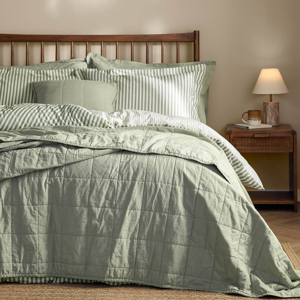 Plain Green Bedding - Hebden Quilted Washed Cotton Bedspread Bay Green Yard