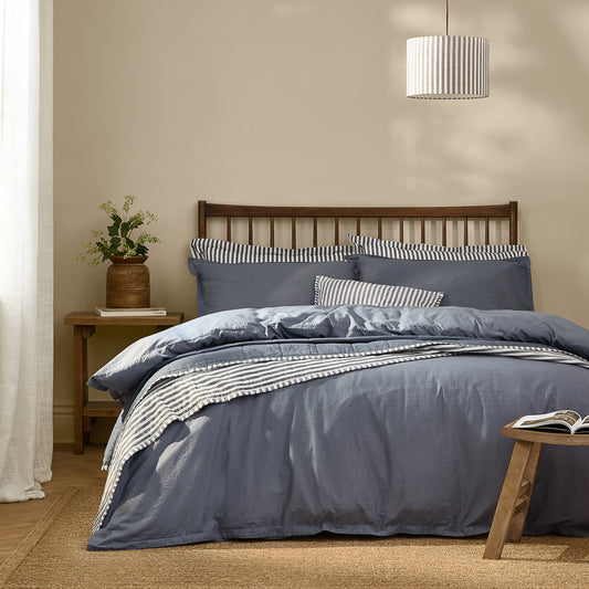 Plain Blue Bedding - Hebden Washed Cotton Duvet Cover Set Denim Blue Yard