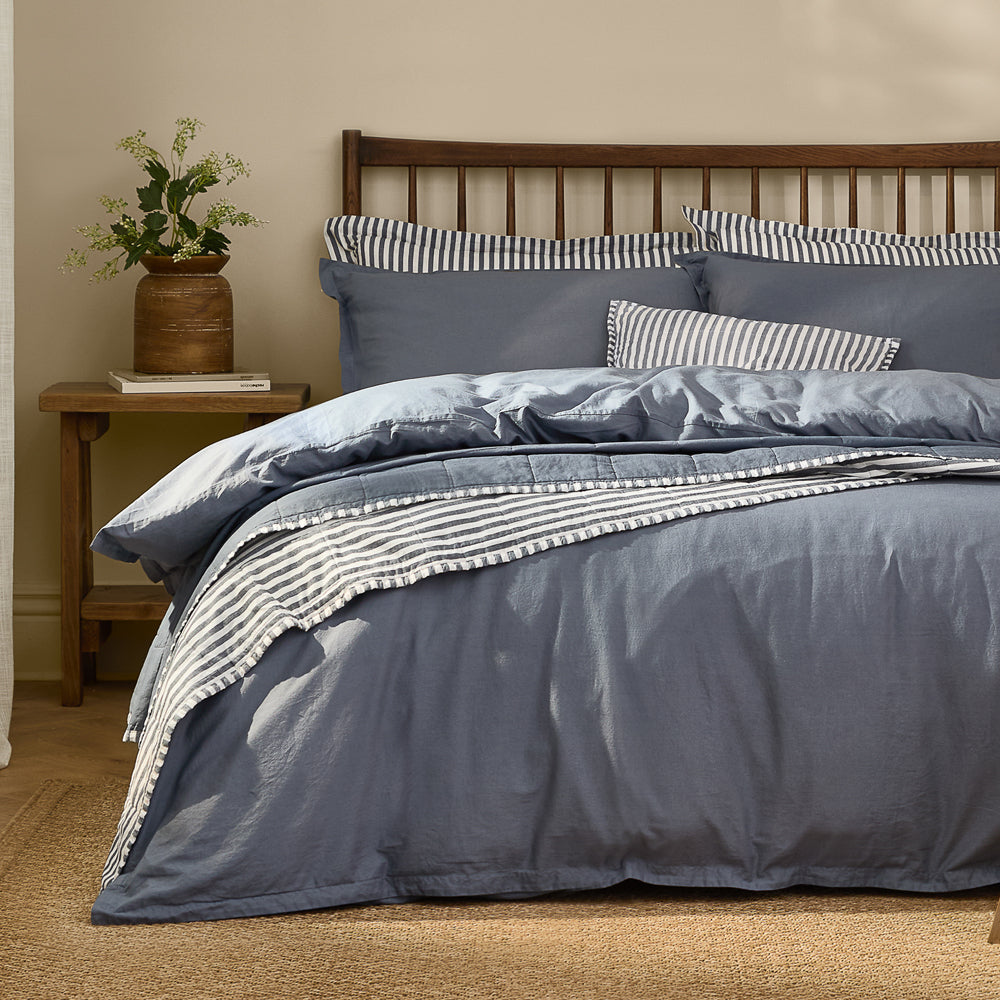 Plain Blue Bedding - Hebden Washed Cotton Duvet Cover Set Denim Blue Yard