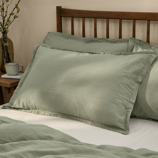 Plain Green Bedding - Hebden Washed Cotton Pillowcase Pair Bay Green Yard
