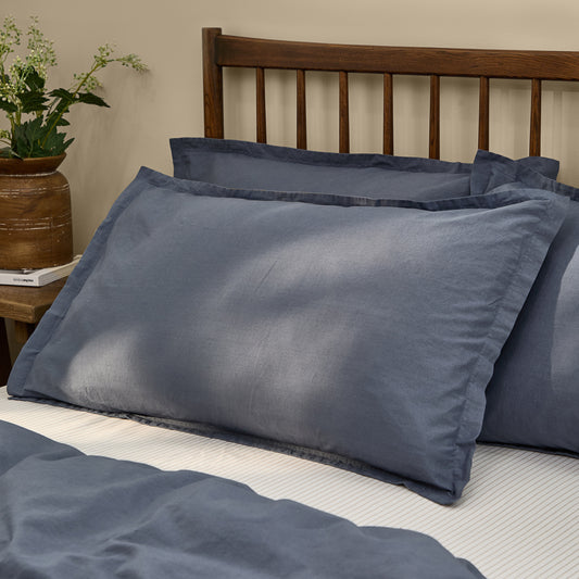Plain Blue Bedding - Hebden Washed Cotton Pillowcase Pair Denim Blue Yard