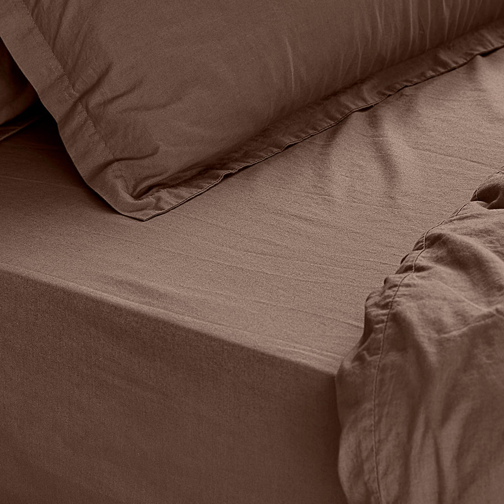 Plain Brown Bedding - Hebden  Washed Cotton Fitted Sheet Cocoa Brown Yard