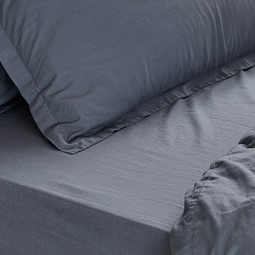 Plain Blue Bedding - Hebden Washed Cotton Fitted Bed Sheet Denim Blue Yard