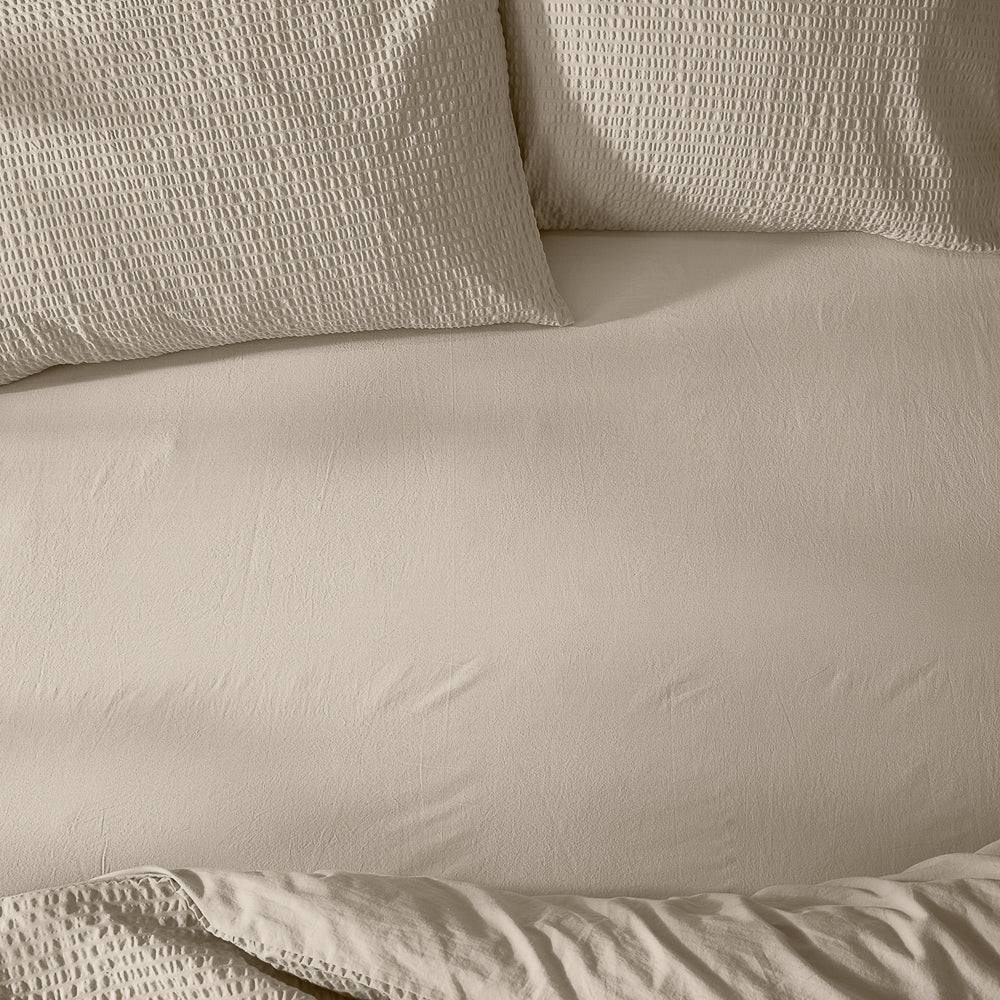 Plain Beige Bedding - Hebden Washed Cotton Fitted Bed Sheet Stone Yard