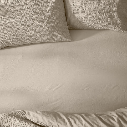 Plain Beige Bedding - Hebden Washed Cotton Fitted Bed Sheet Stone Yard