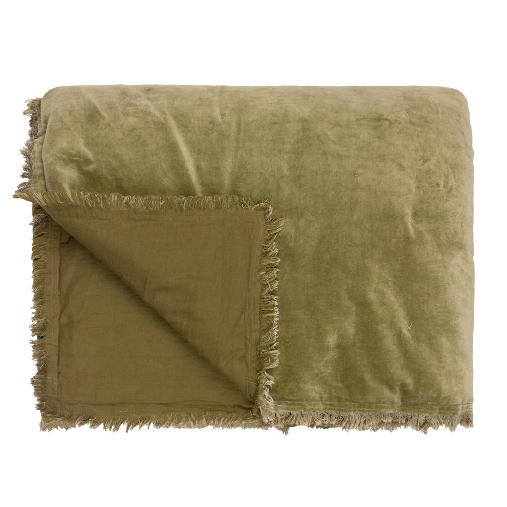 Plain Green Bedding - Jaye Cotton Velvet Filled Bedspread Moss Yard