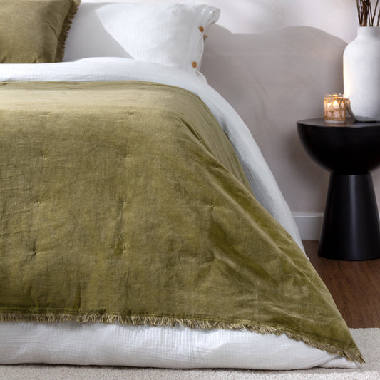 Plain Green Bedding - Jaye Cotton Velvet Filled Bedspread Moss Yard