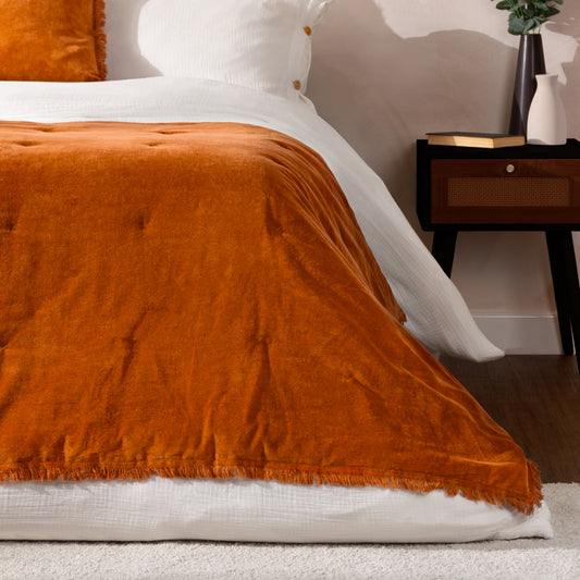 Plain Orange Bedding - Jaye Cotton Velvet Filled Bedspread Rust Yard