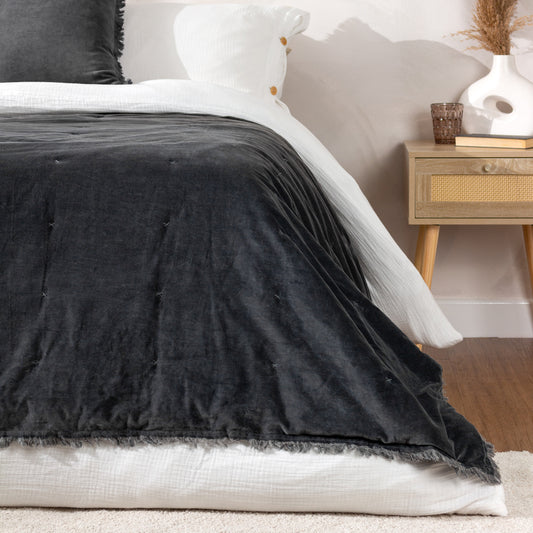 Plain Blue Bedding - Jaye Cotton Velvet Filled Bedspread Slate Yard