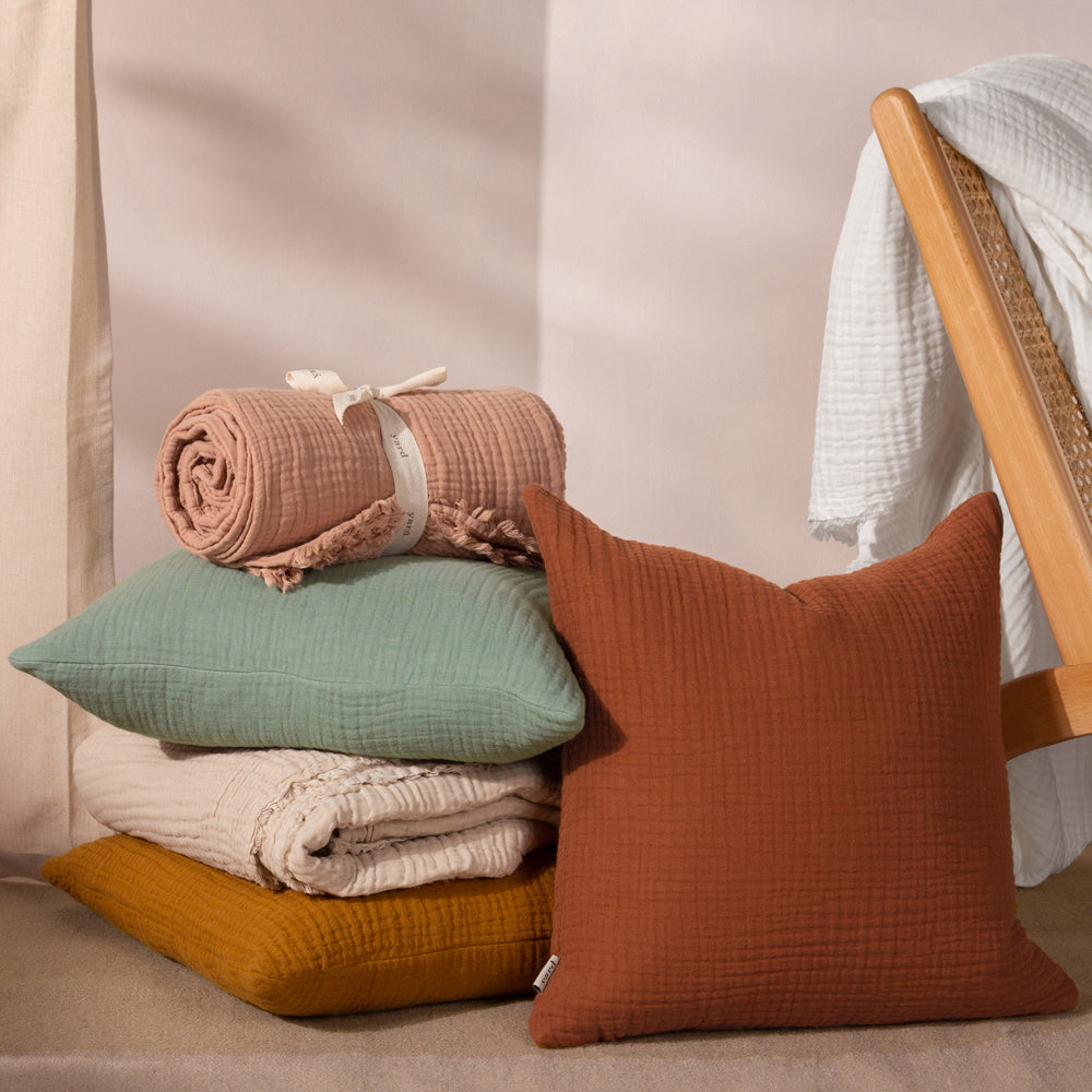 Plain Green Cushions - Lark Muslin Crinkle Cotton Fibre Filled Cushion Eucalyptus Yard