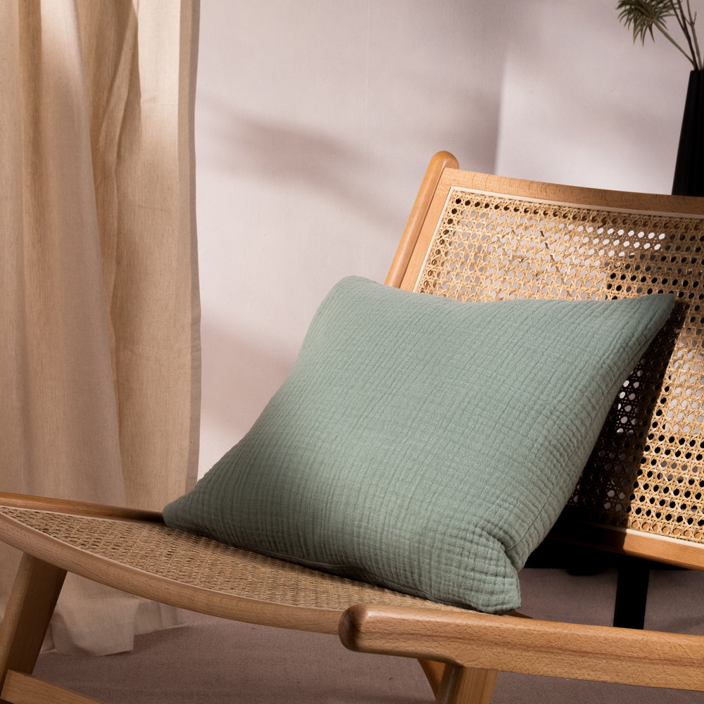 Plain Green Cushions - Lark Muslin Crinkle Cotton Cushion Cover Eucalyptus Yard
