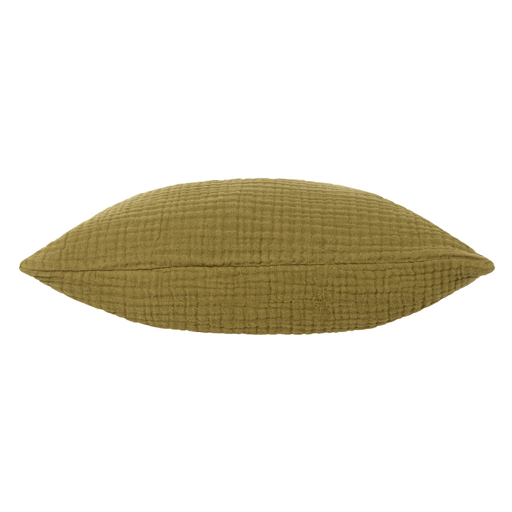 Plain Green Cushions - Lark Muslin Crinkle Cotton Fibre Filled Cushion Khaki Yard
