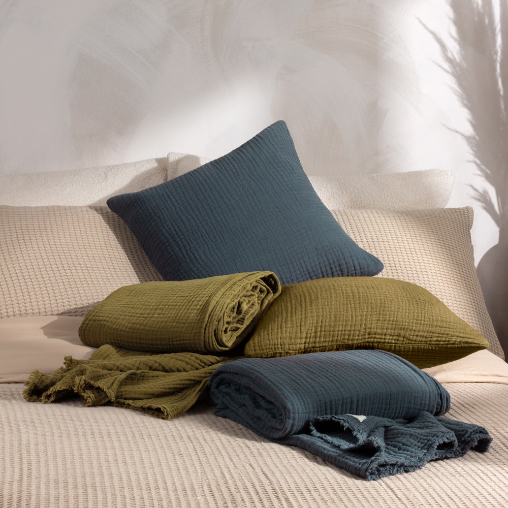 Plain Green Cushions - Lark Muslin Crinkle Cotton Fibre Filled Cushion Khaki Yard